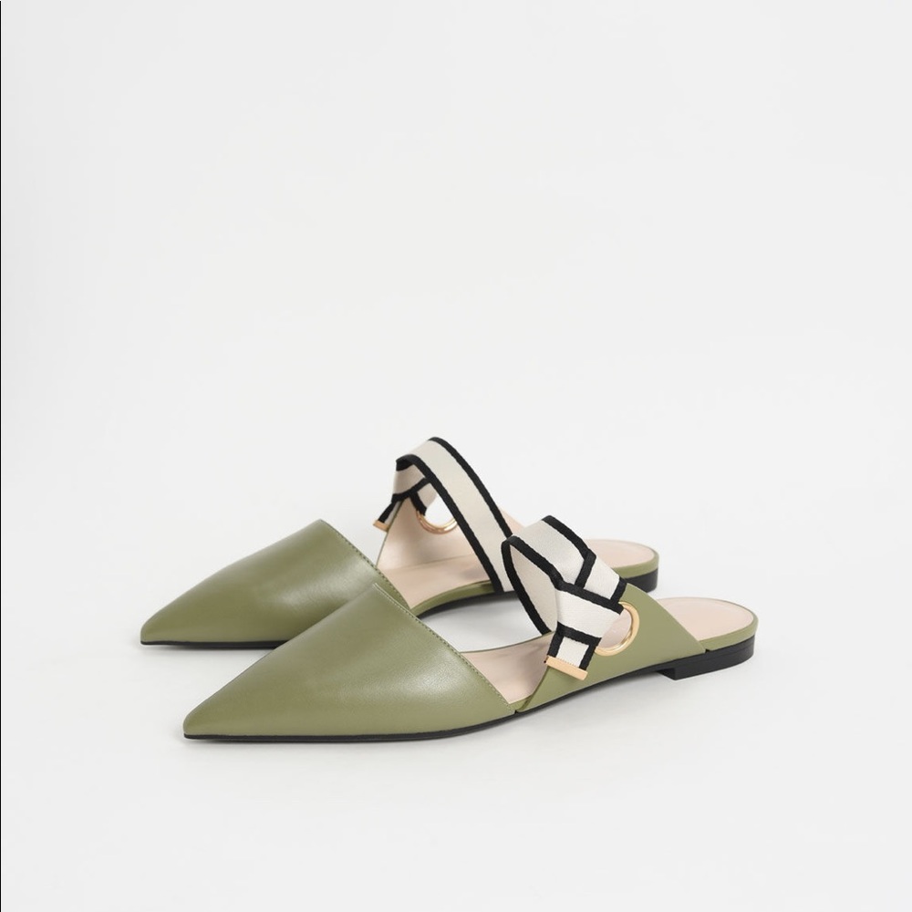 Pointed Toe Fabric Strap Mules - Olive